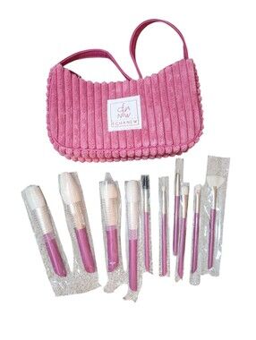 NWT ECHANEW 10-Piece Pink Makeup Brush Set with Corduroy Shoulder Bag